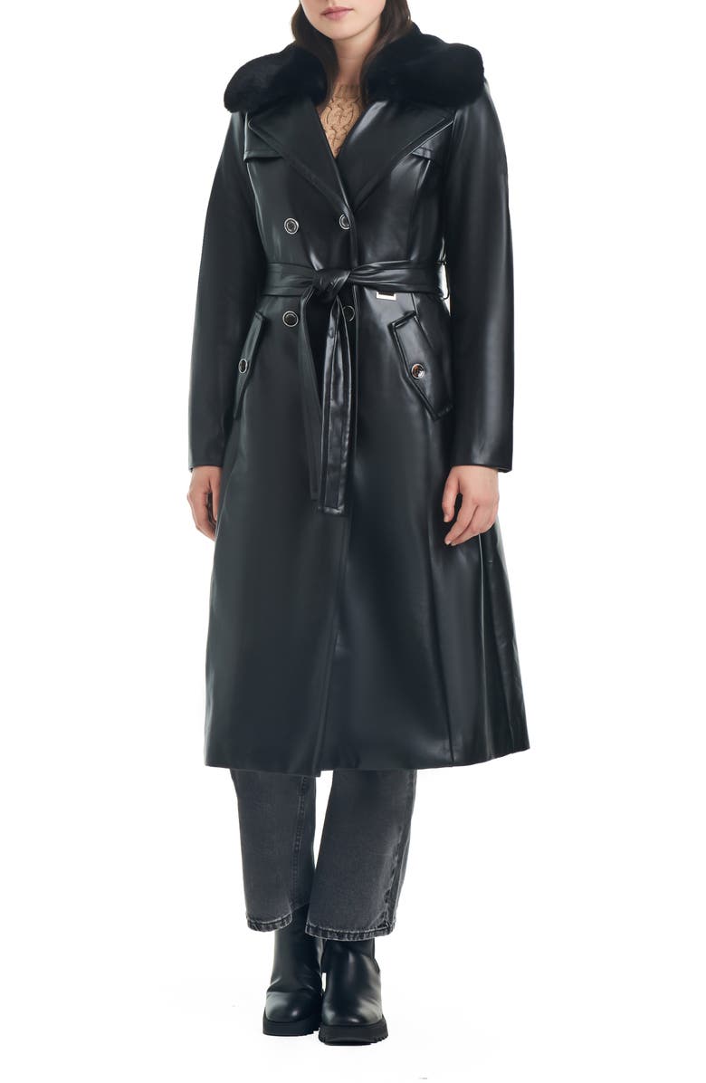 Vince Camuto Faux Leather Trench Coat with Removable Faux Fur Collar, Main, color, 