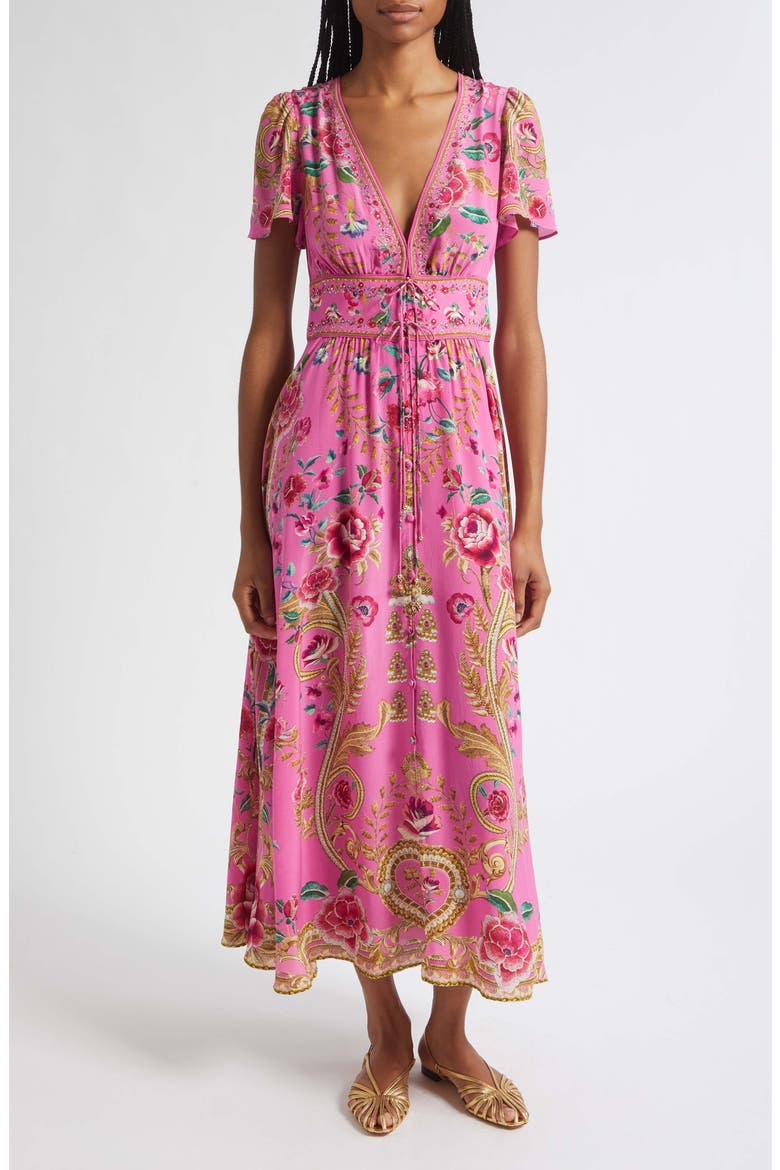 Floral V-Neck Silk Midi Dress, Main, color, MATADORA FLORA