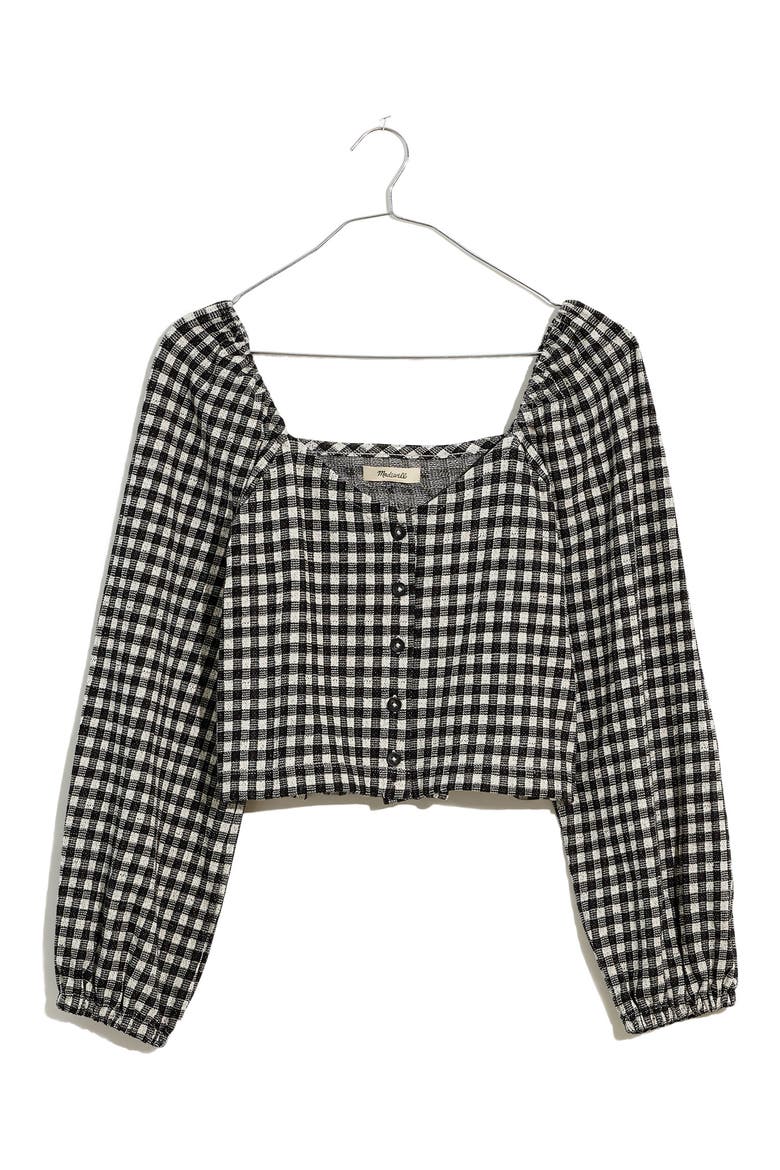 Gingham Puff Sleeve Button Front Crop Top, Alternate, color, TRUE BLACK
