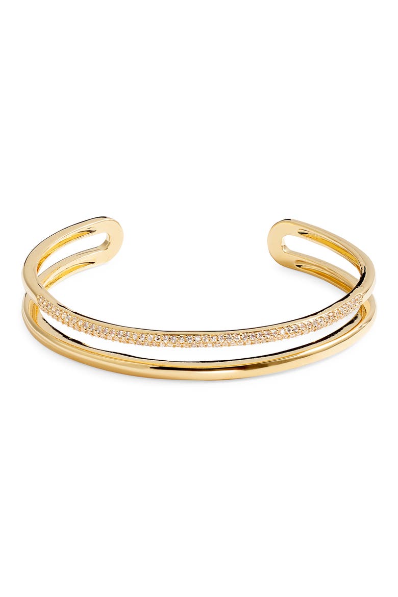 Cubic Zirconia Pavé Open Cuff Bracelet, Main, color, CLEAR- GOLD
