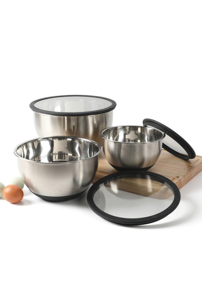 Orbit 3-Piece Stainless Steel Mixing Bowl Set with Glass Lids, Main, color, Silver