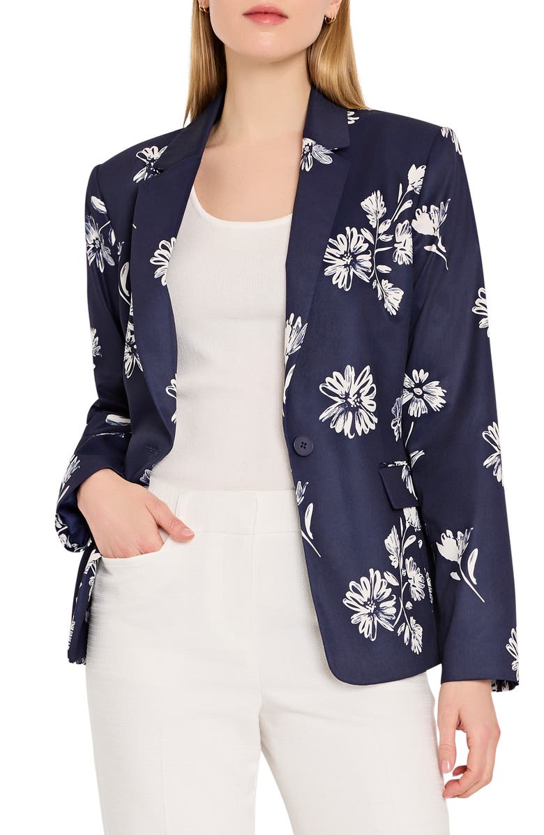 Tahari ASL Floral One Button Blazer, Main, color, Navy Ivory