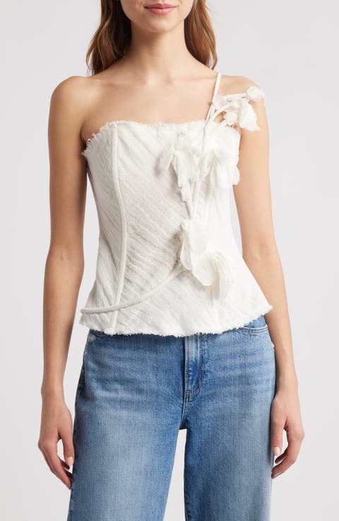 Namid Floral Appliqué One-Shoulder Linen Blend Top