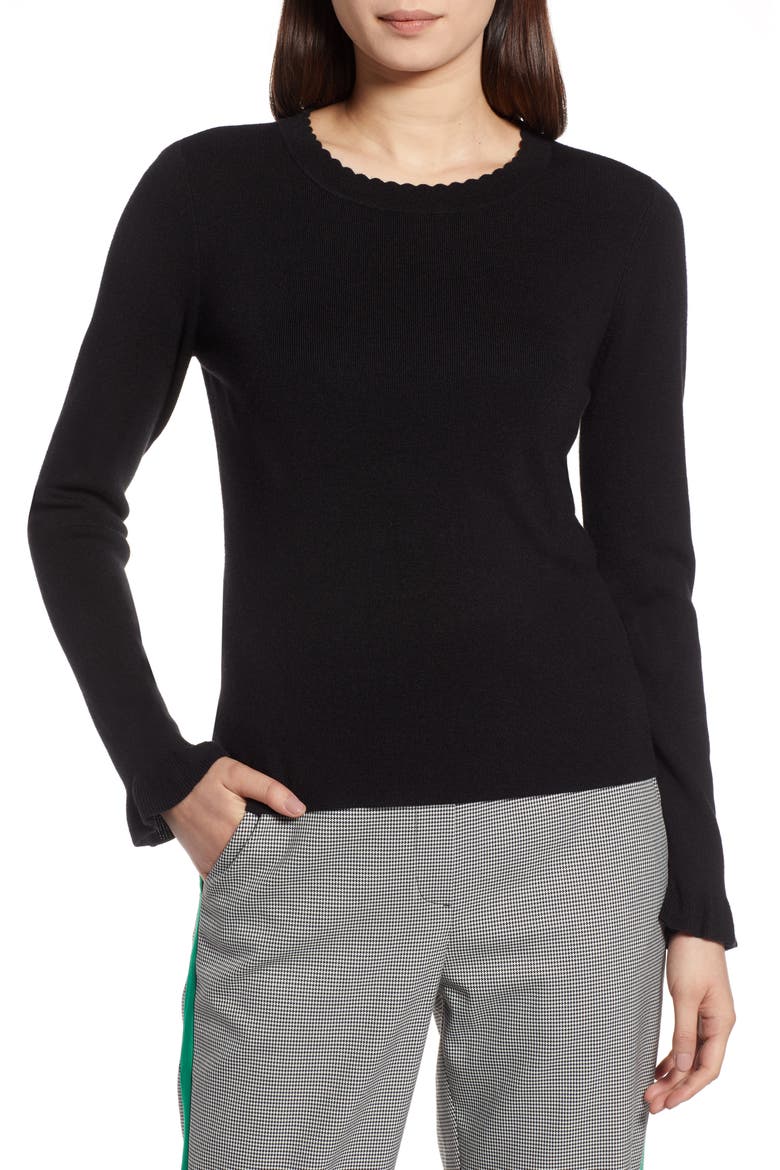 Scallop Trim Sweater, Main, color, BLACK