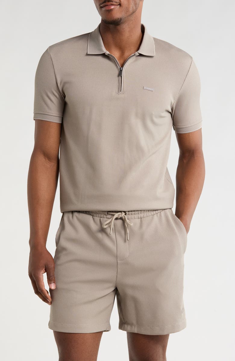 DENIM AND FLOWER Stripe Quarter Zip Polo & Shorts Set, Main, color, Taupe