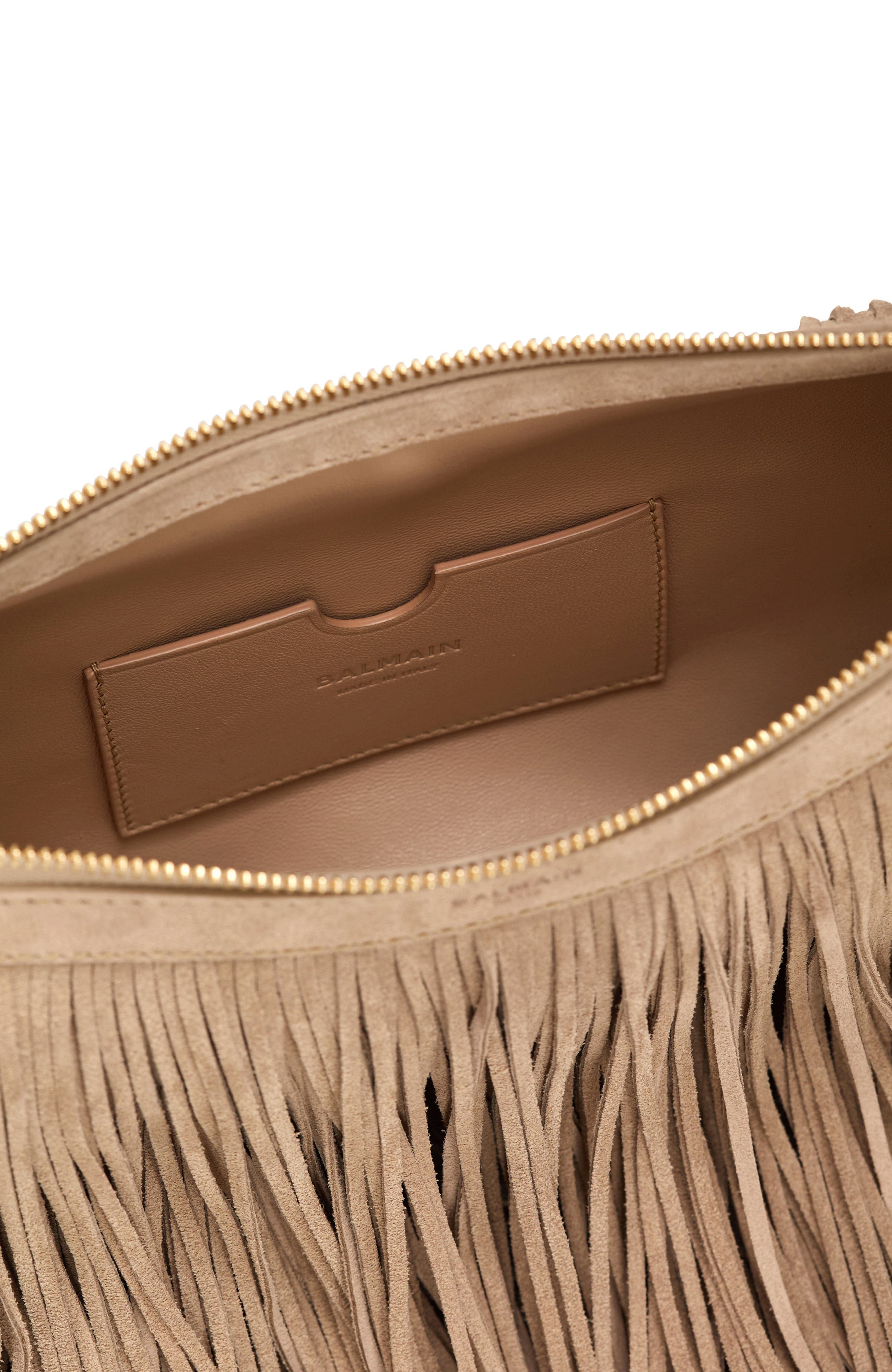 Balmain Ebene Hobo fringed suede bag, Alternate, color, Beige