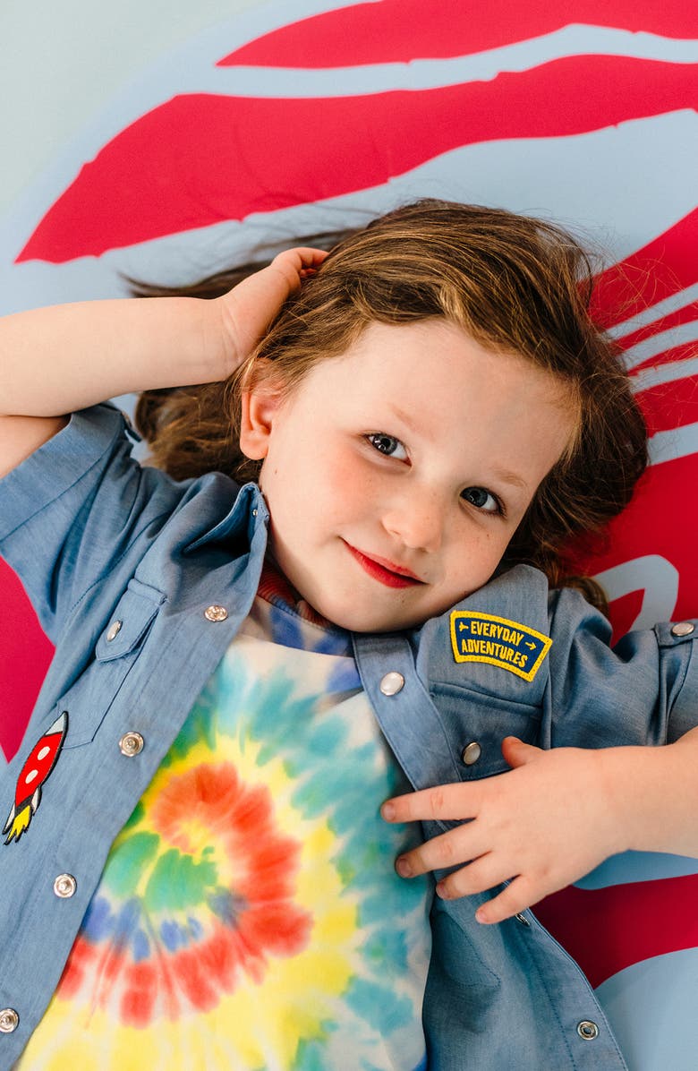 Rock Your Kid Kids' Space Appliqué Short Sleeve Cotton Chambray Snap-Up Shirt, Alternate, color, Light Blue