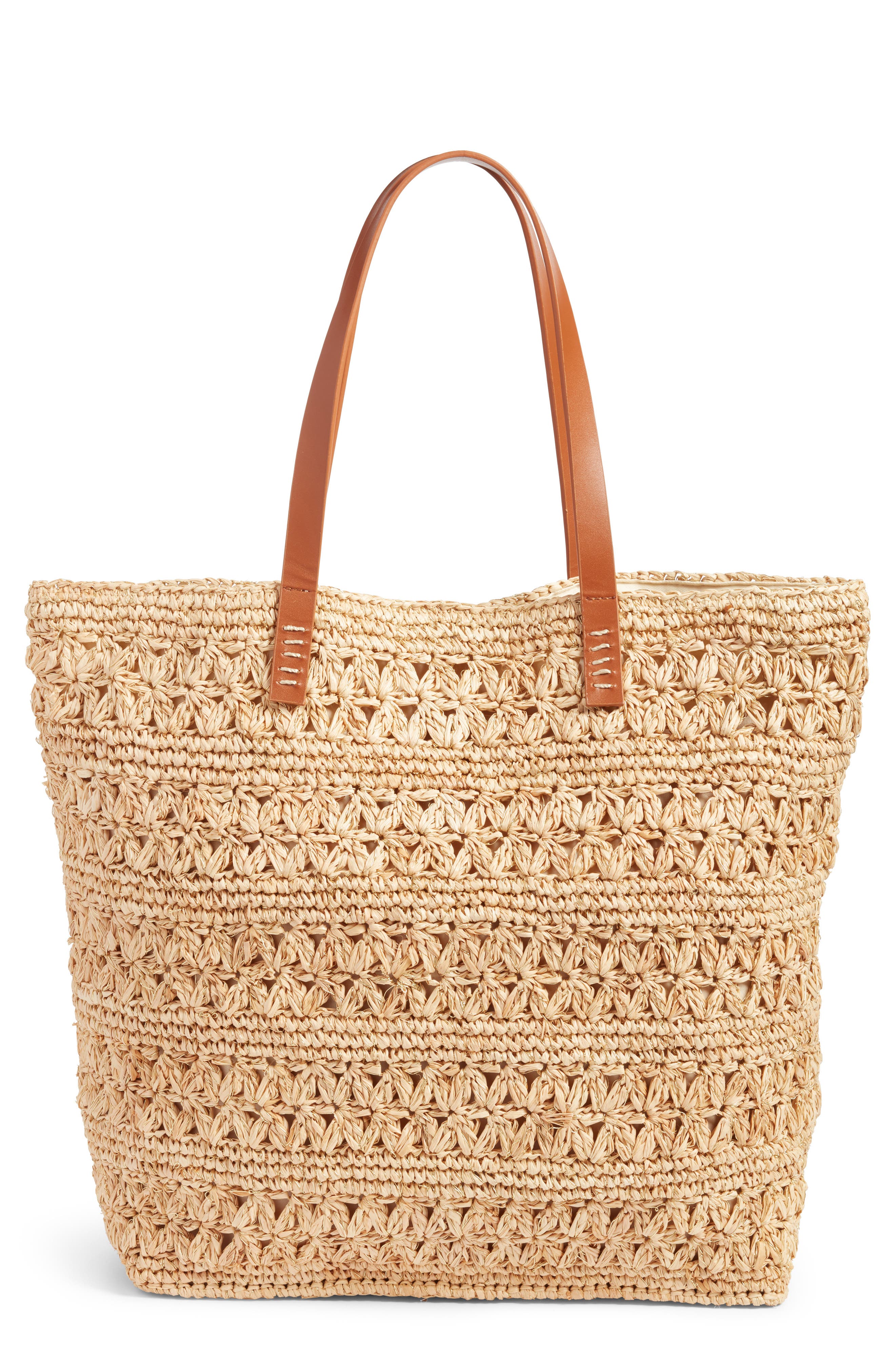 Packable Raffia Crochet Tote, Main, color, NATURAL/ GOLD