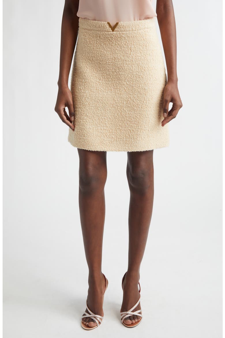 V-Detail Bouclé Tweed Skirt, Main, color, WHITE