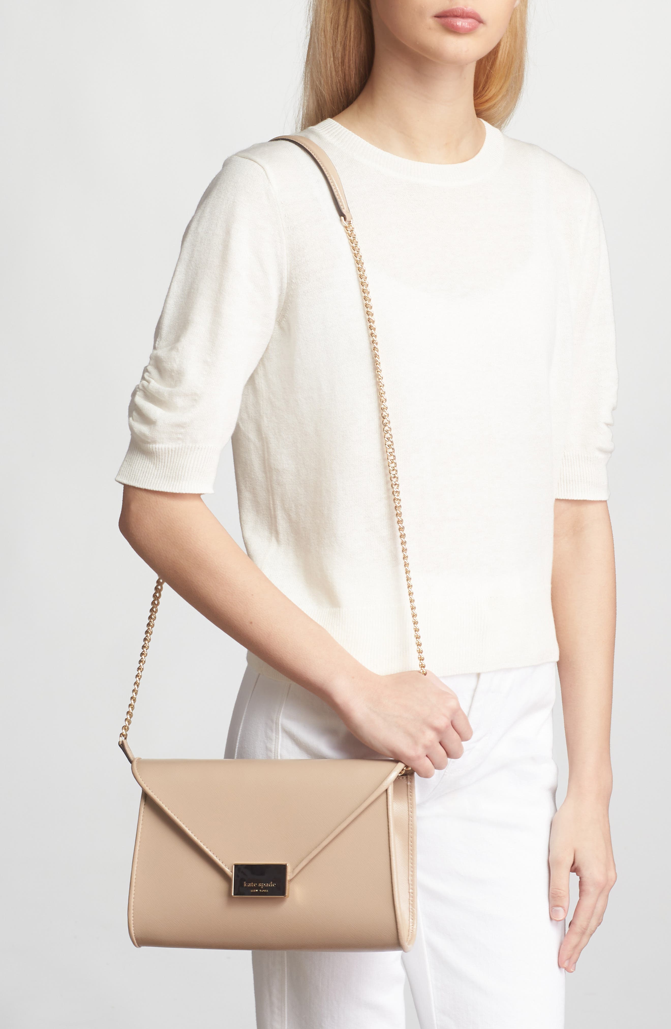 anna medium envelope leather convertible clutch, Alternate, color, WARM BEIGE