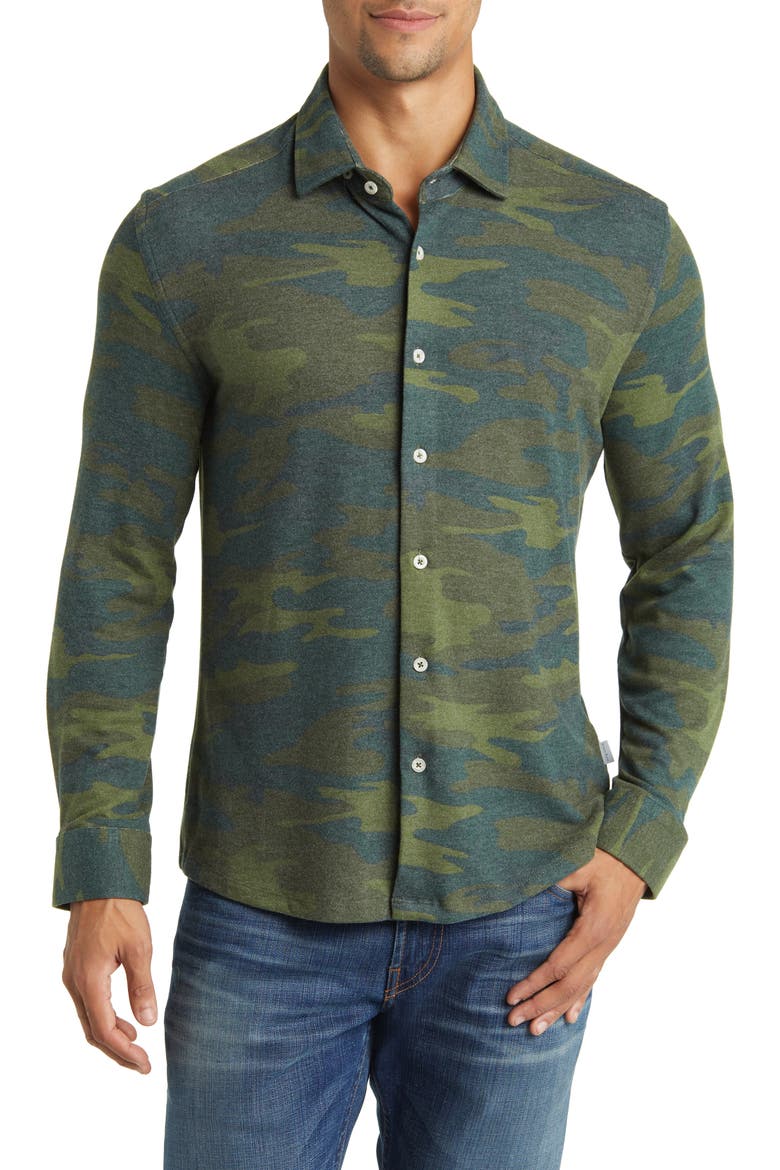 Camo Wrinkle Resistant Tech Fleece Button-Up Shirt, Main, color, OLIVE GREEN