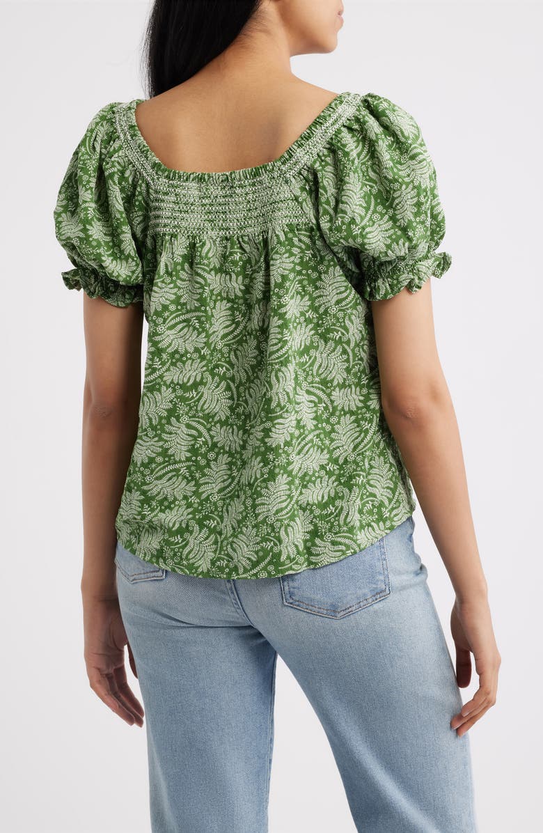 Bobeau Leaf Print Smocked Yoke Top, Alternate, color, Green Fern Floral