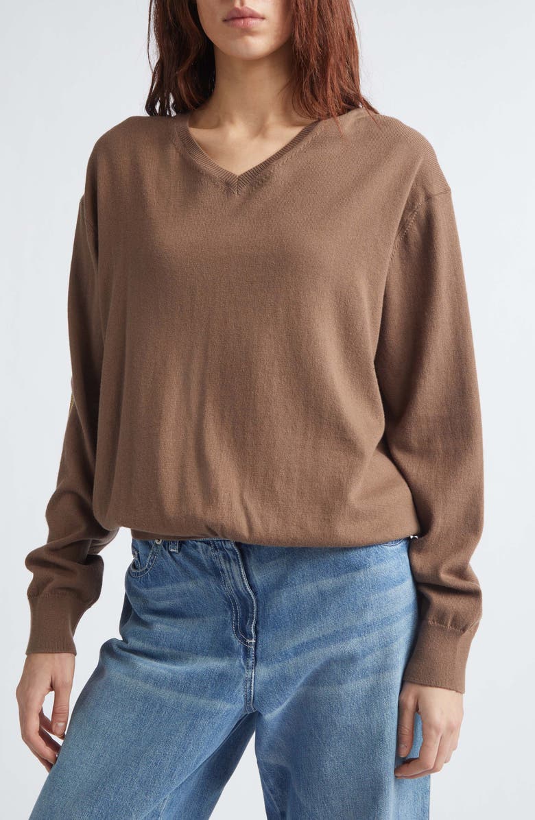 JULIE KEGELS Glitter Elbow Patch Cotton & Cashmere Sweater, Alternate, color, Brown