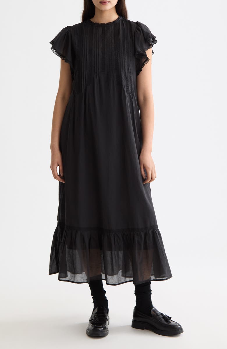 Scotch & Soda Pleated Lace Trim Cotton Maxi Dress, Main, color, Meteorite