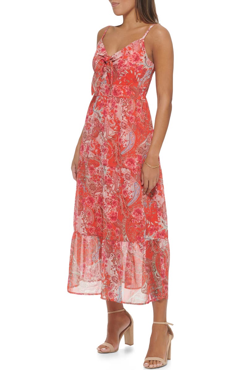 Kensie Lurex Chiffon Tiered Dress, Alternate, color, Tangerina