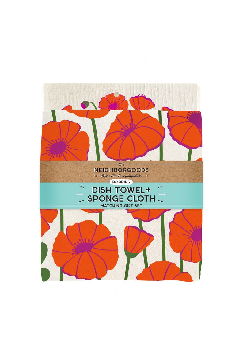 Poppy Dish Towel + Sponge Cloth Gift Set, Alternate, color, Red