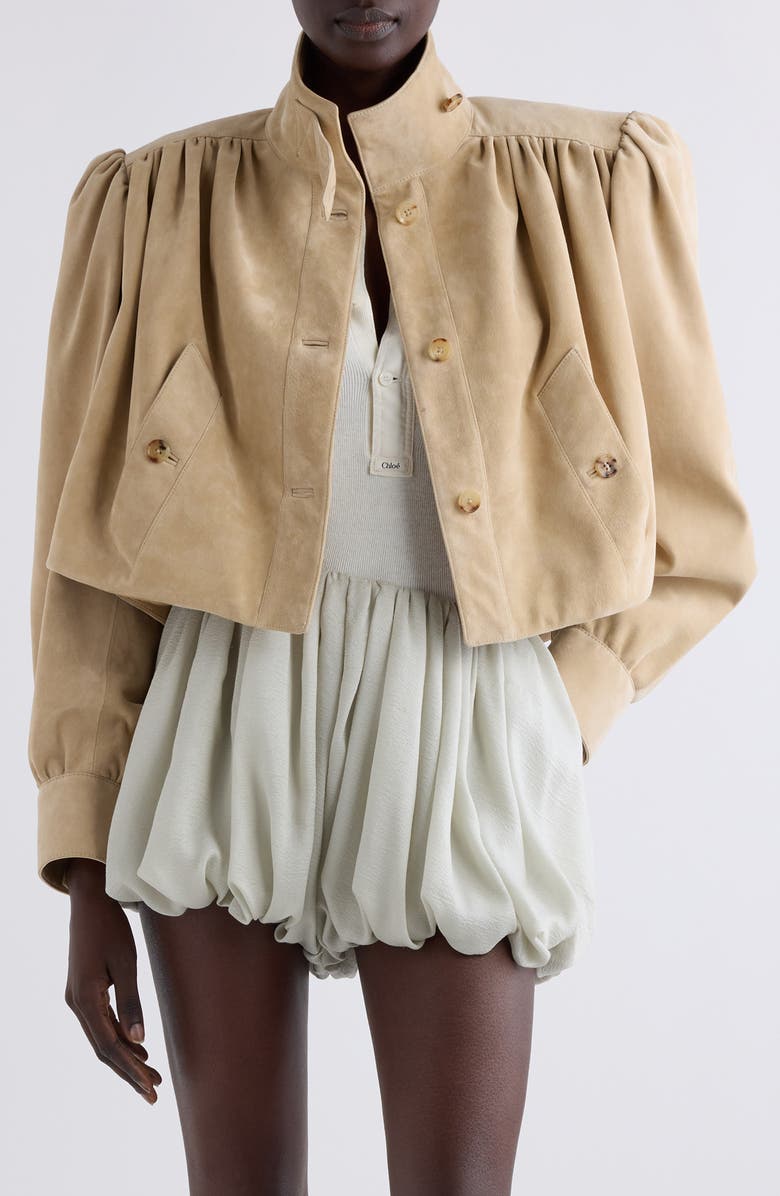 Chloé Puff Shoulder Suede Crop Jacket, Main, color, Blossom Beige