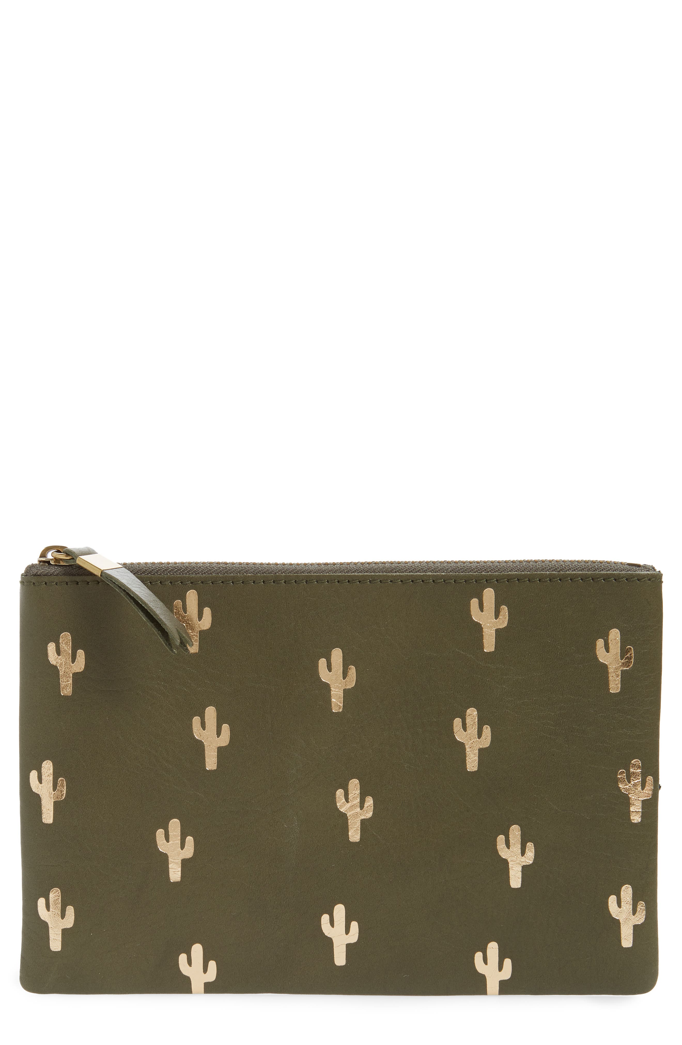 The Leather Pouch Clutch: Embossed Cactus Edition, Main, color, DEEP WOODLAND
