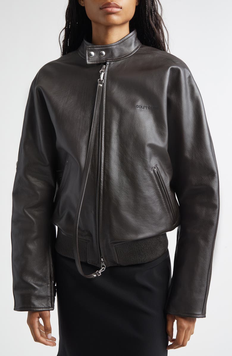 Courrèges Embroidered Leather Bomber Jacket, Alternate, color, Dark Brown