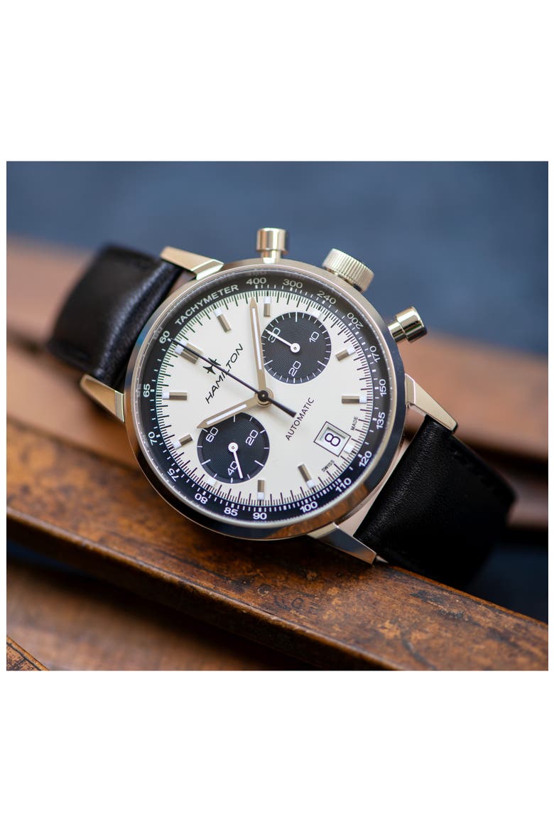 American Classic Intra-Matic Automatic Chronograph Leather Strap Watch, 40mm, Alternate, color, WHITE