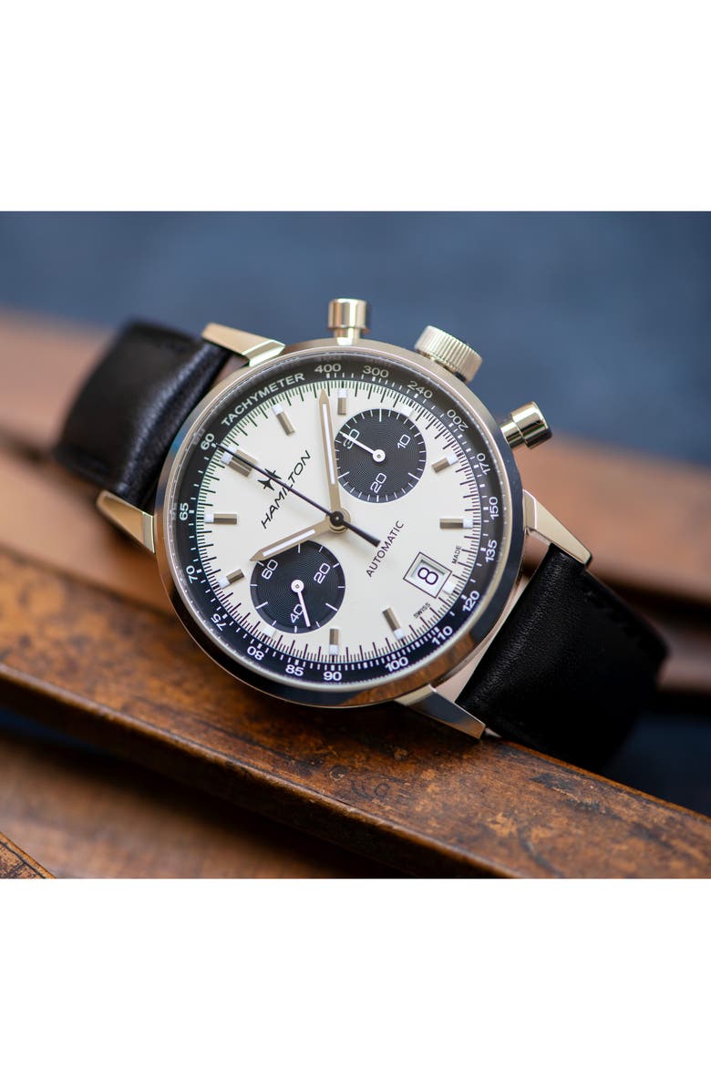 Hamilton American Classic Intra-Matic Automatic Chronograph Leather Strap Watch, 40mm, Alternate, color, White