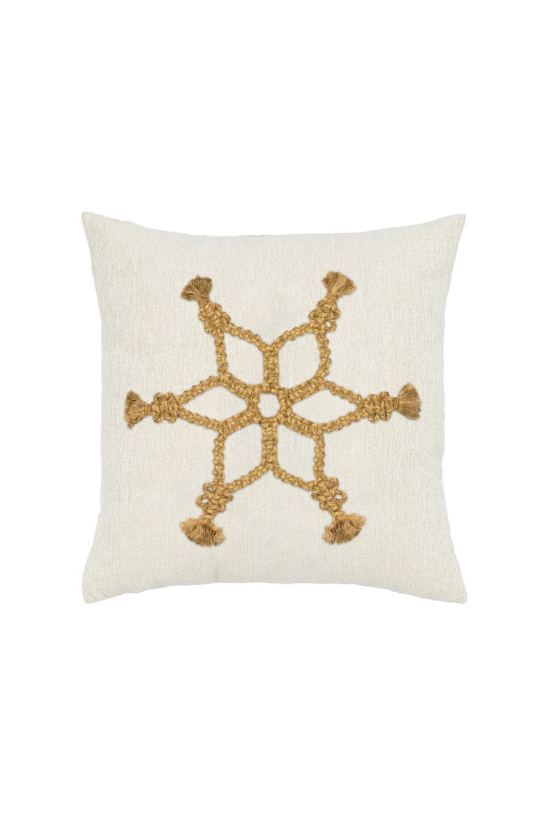 Snowflake Gold Indoor & Outdoor Woven Accent Holiday Pillow, Main, color, Gold