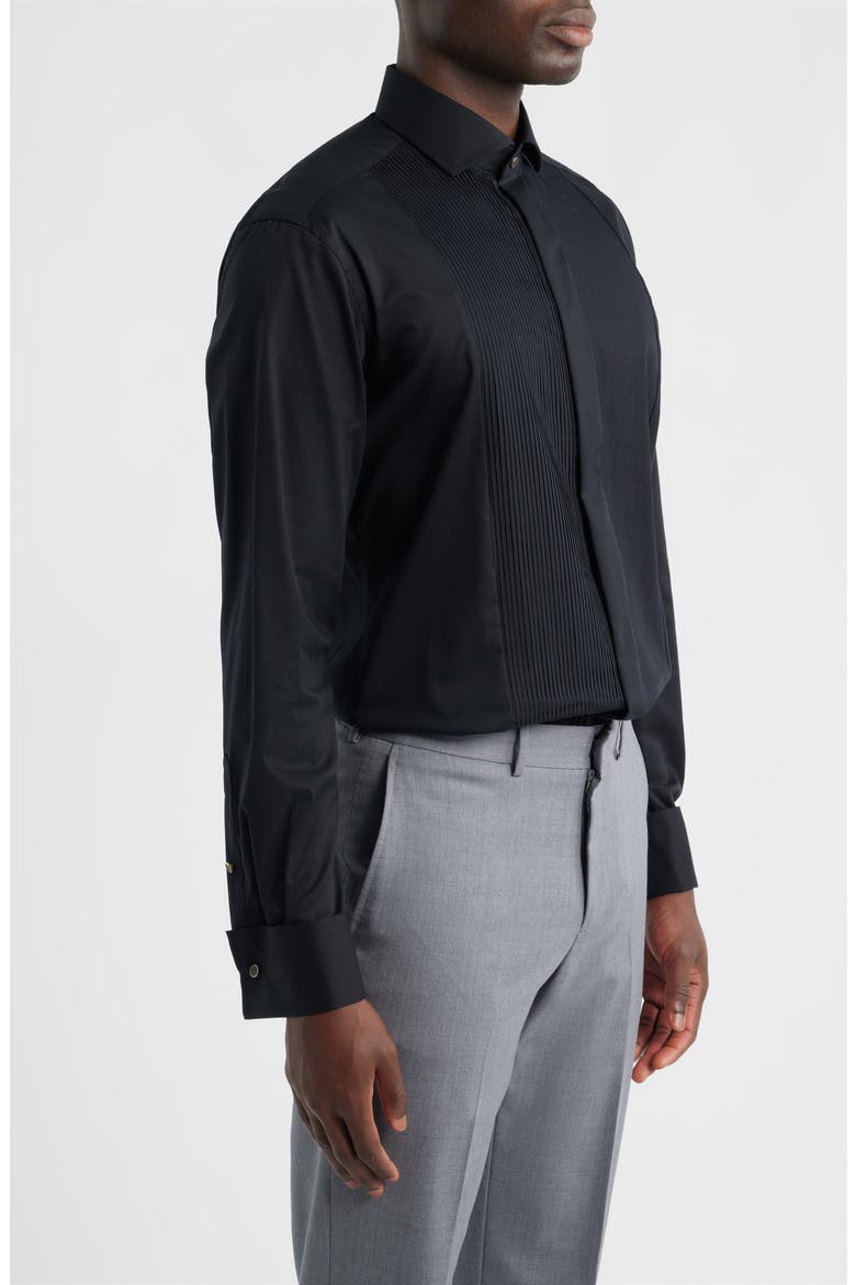 Slim Fit Black Pleated Bib Non-Iron Cotton Tuxedo Shirt, Alternate, color, BLACK