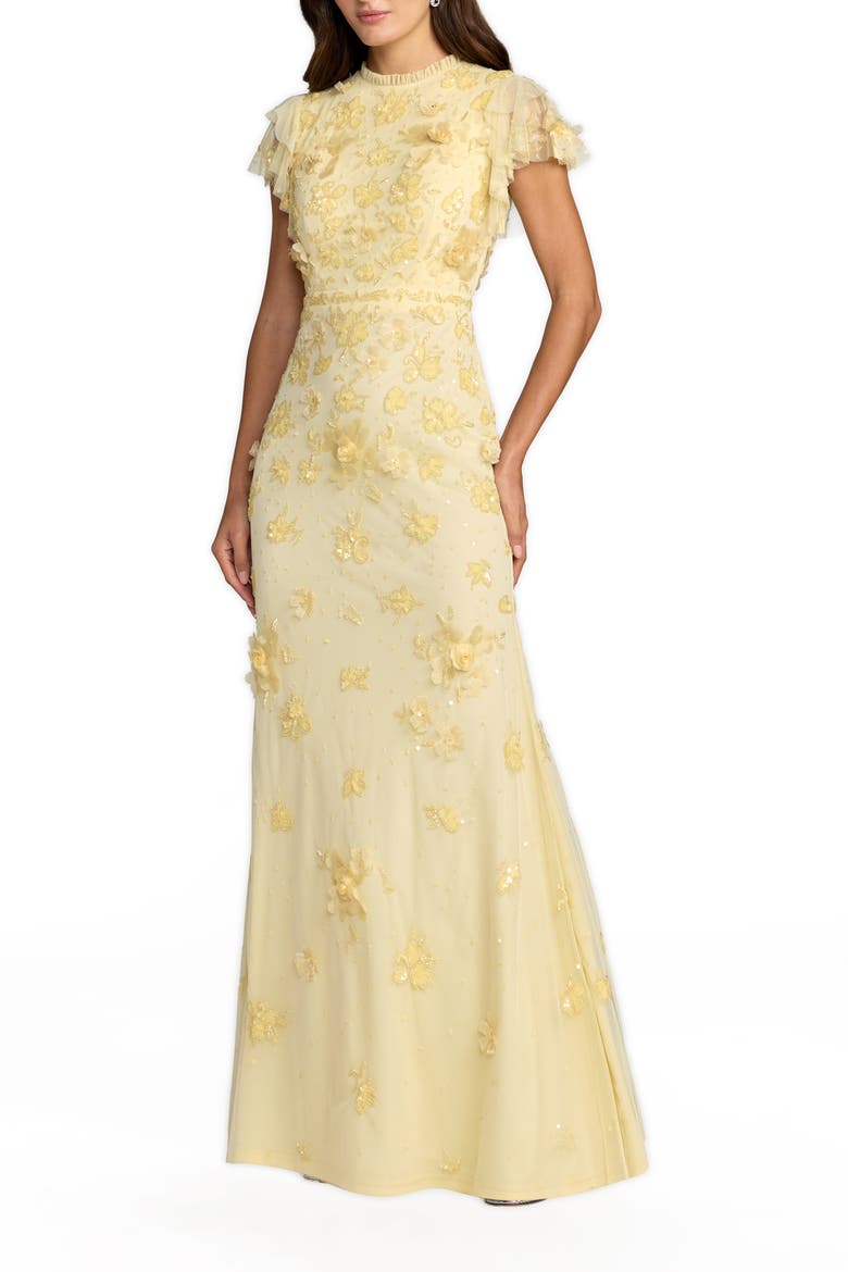 Floral Embellished High Neck Flutter Sleeve Gown, Main, color, Butter