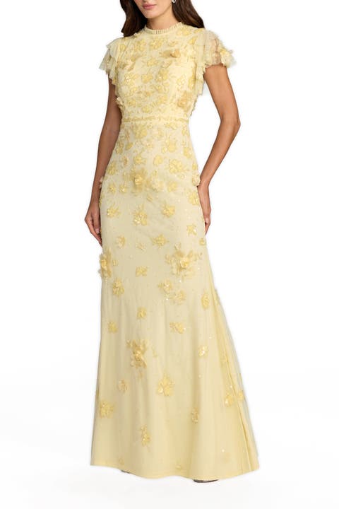 Floral Embellished High Neck Flutter Sleeve Gown