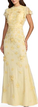 Mac Duggal Floral Embellished High Neck Flutter Sleeve Gown