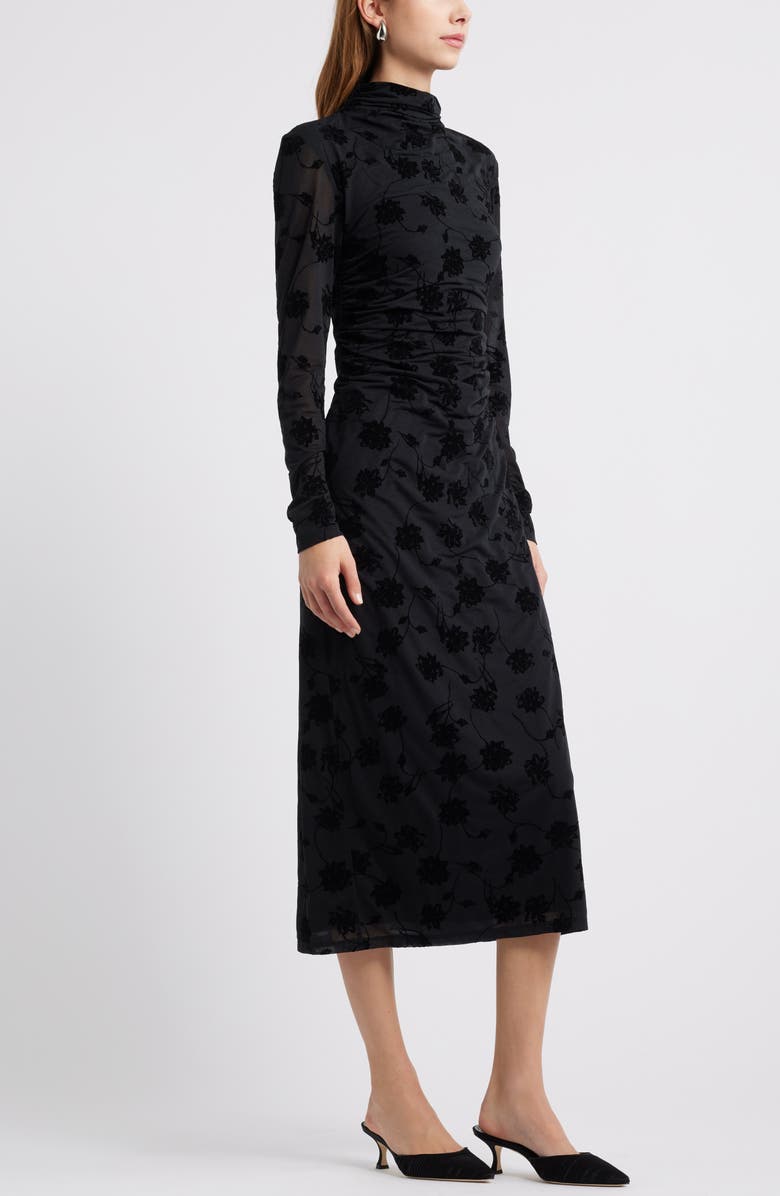 Open Edit Flocked Floral Long Sleeve Dress, Alternate, color, 