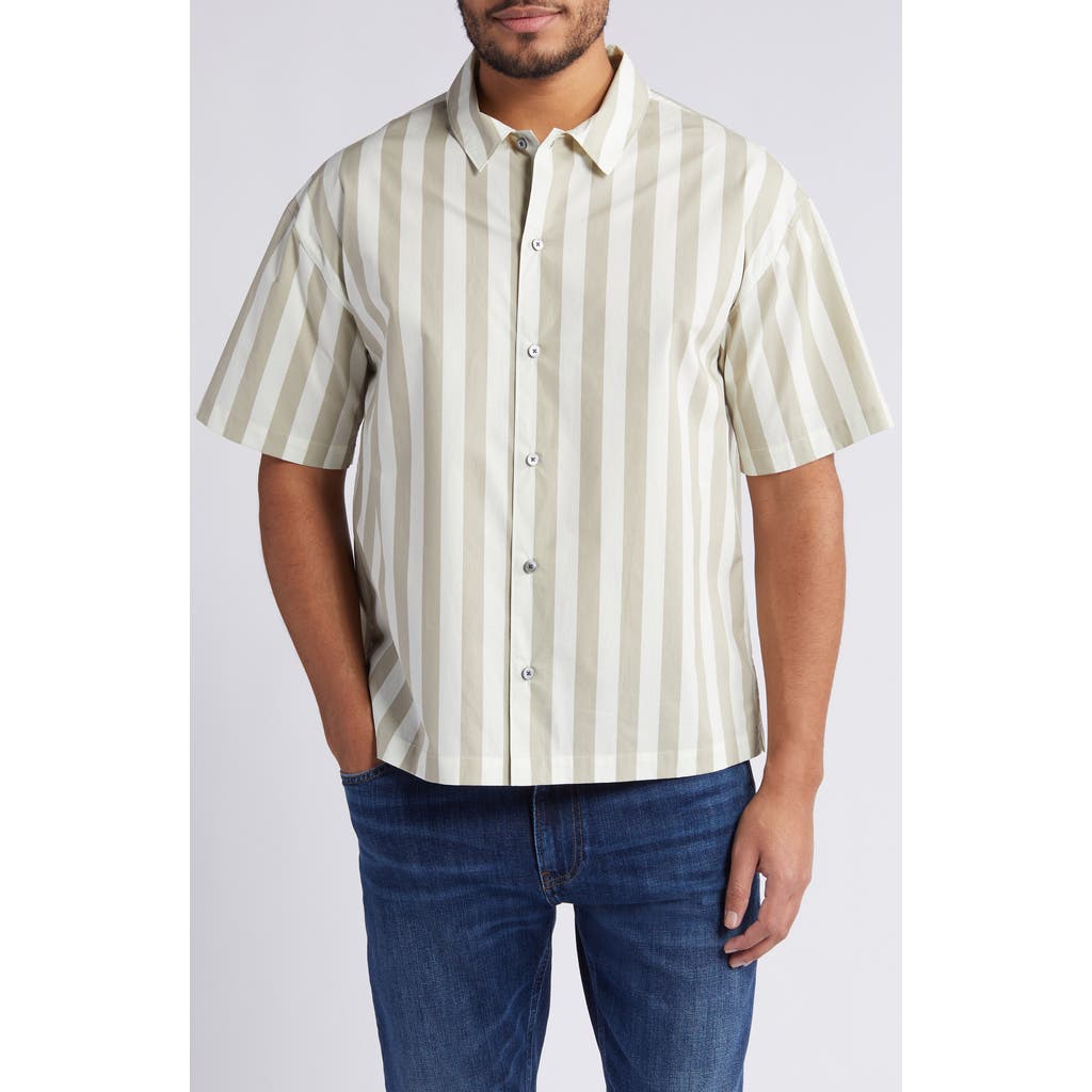 Frame Printed Button Front Short Sleeve Camp Shirt In Smoke Beige Stripe