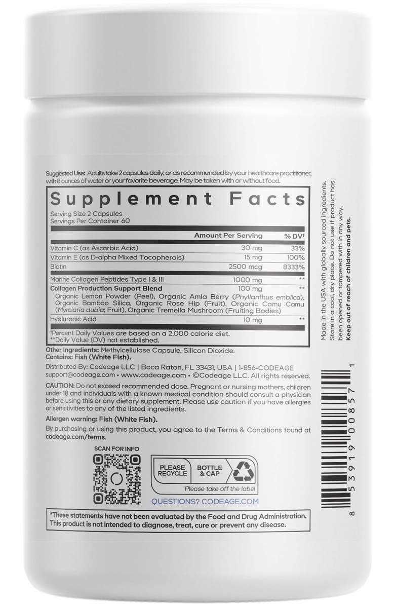 Codeage Biotin Marine Collagen Peptides Supplement, Alternate, color, White