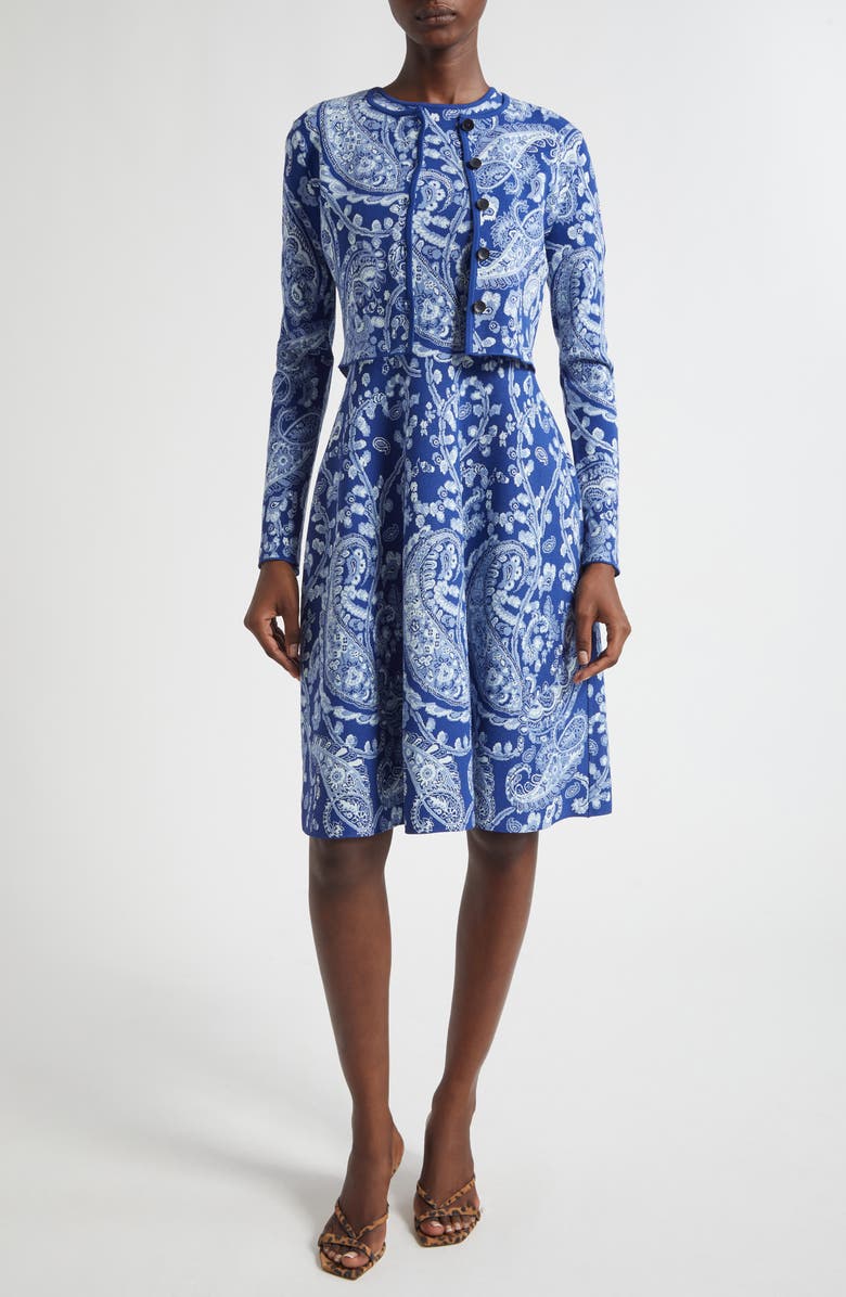 Etro Paisley Jacquard Crop Cardigan, Alternate, color, Multicolor On Blue Base