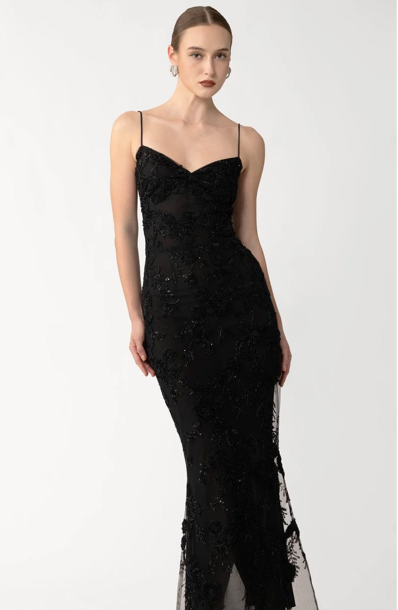 SAU LEE Sammie Beaded Floral Sleeveless Gown, Alternate, color, Black