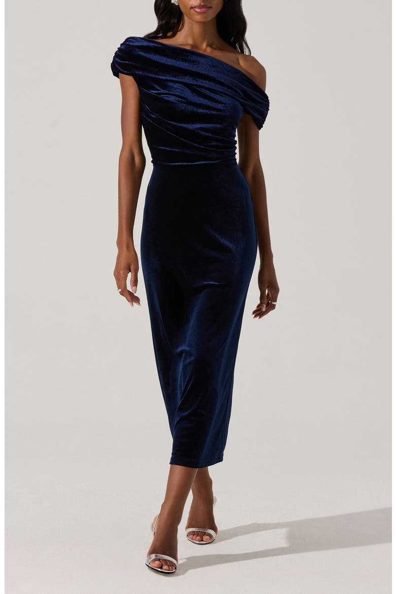 One-Shoulder Velvet Midi Dress, Main, color, MIDNIGHT