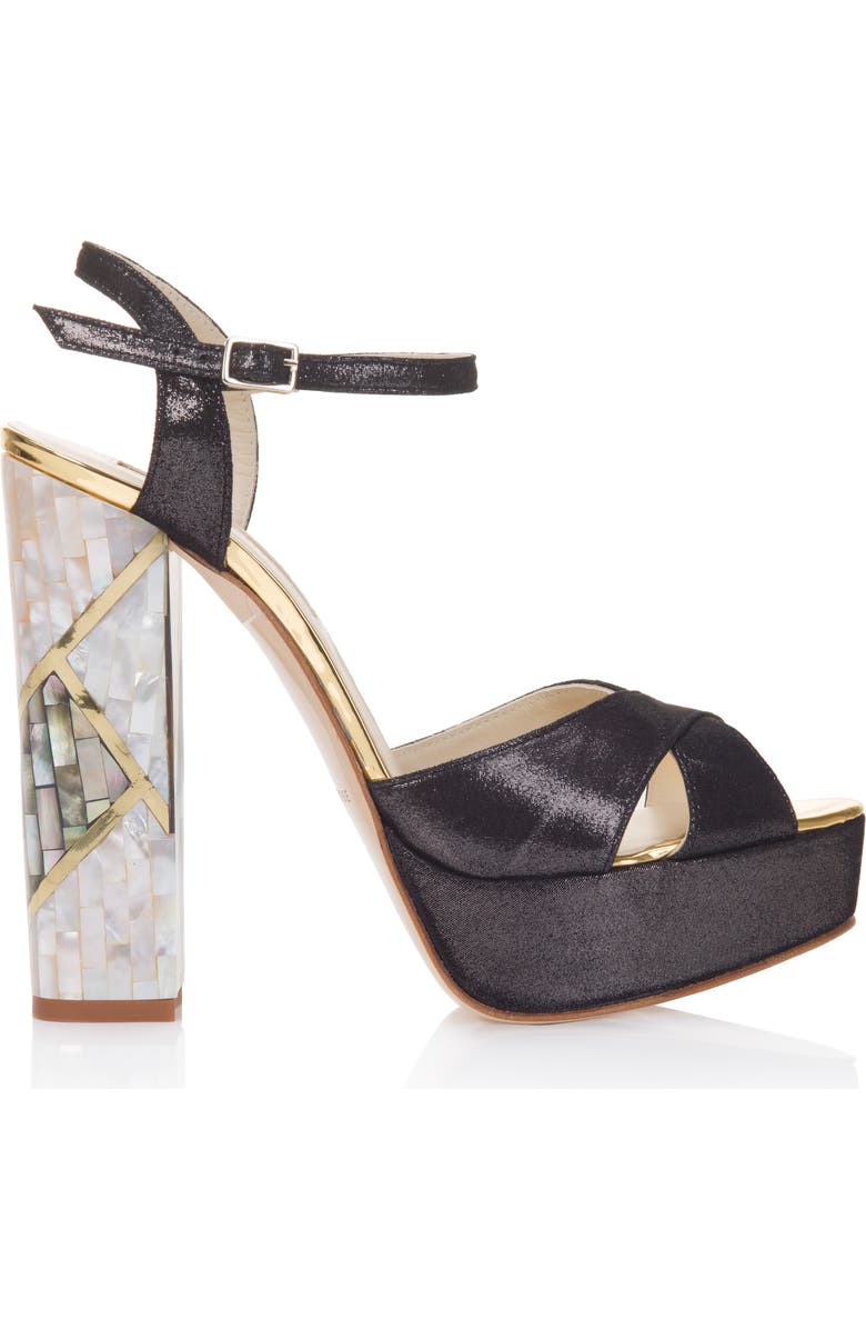 Freya Rose Cher Noir Ankle Strap Pearl Heel Sandal, Main, color, Black