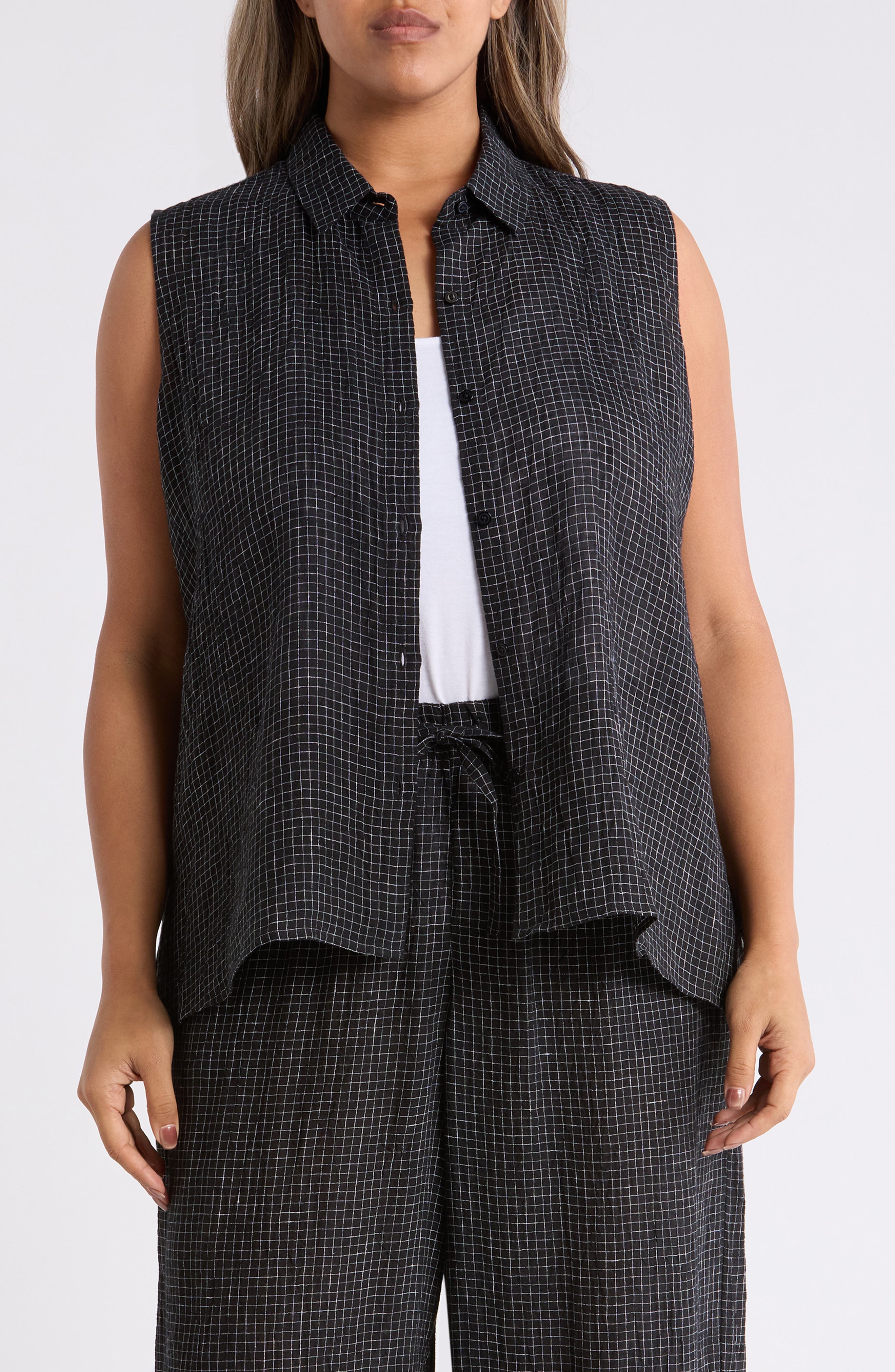 Grid Sleeveless Button-Up Shirt