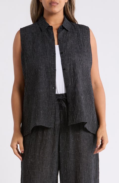 Grid Sleeveless Button-Up Shirt (Plus)