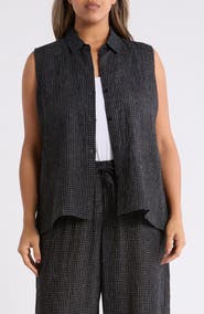 Eileen Fisher Grid Sleeveless Button-Up Shirt