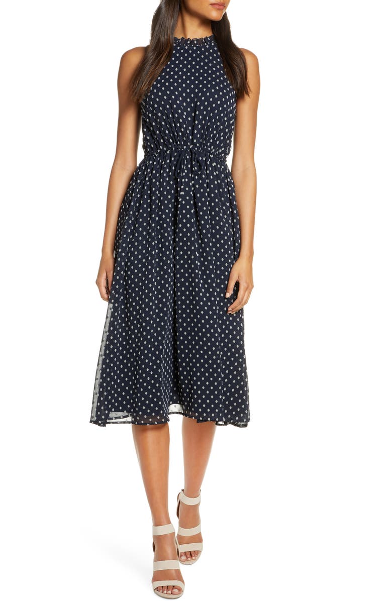 Maggy London Sleeveless Polka Dot Tie Waist Midi Dress, Main, color, 
