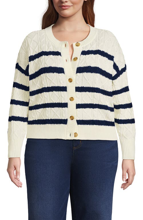 Lands' End Drifter Relaxed Cable Cardigan Sweater In Ivory/deep Sea Gulf Stripe