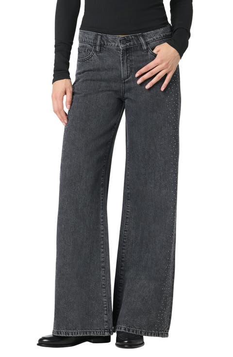 Crystal Embellished Low Rise Wide Leg Jeans (Crystal Washed Black)