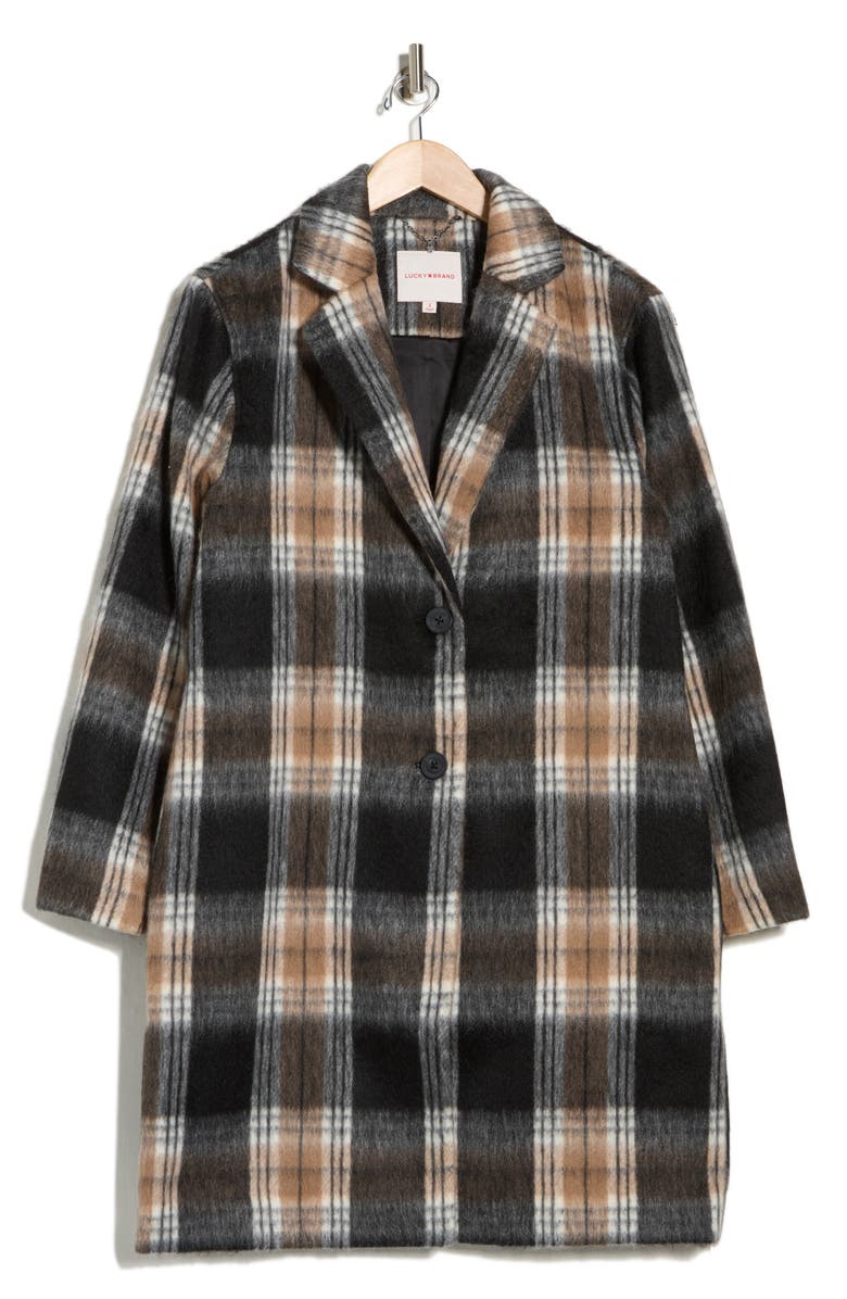 Lucky Brand Plaid Single Breasted Coat, Alternate, color, Black Fuzzy Plaid