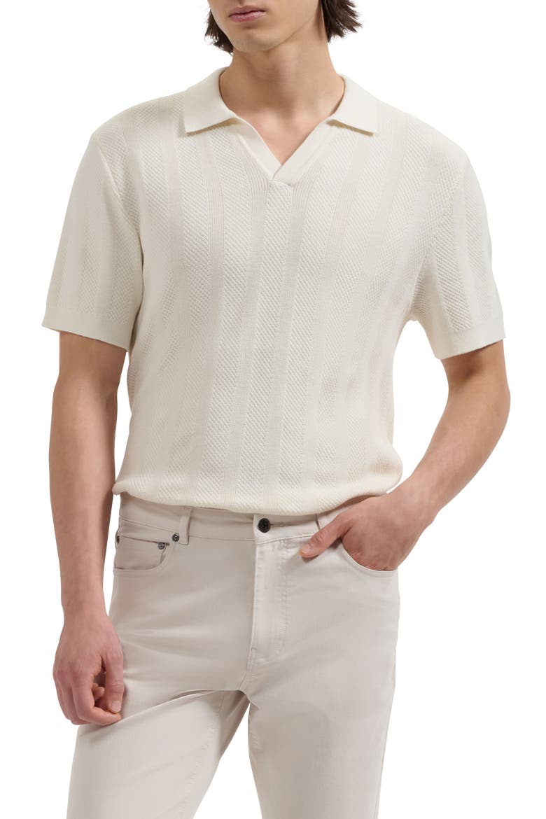 Johnny Collar Basket Stitch Cotton Blend Short Sleeve Sweater, Main, color, IVORY