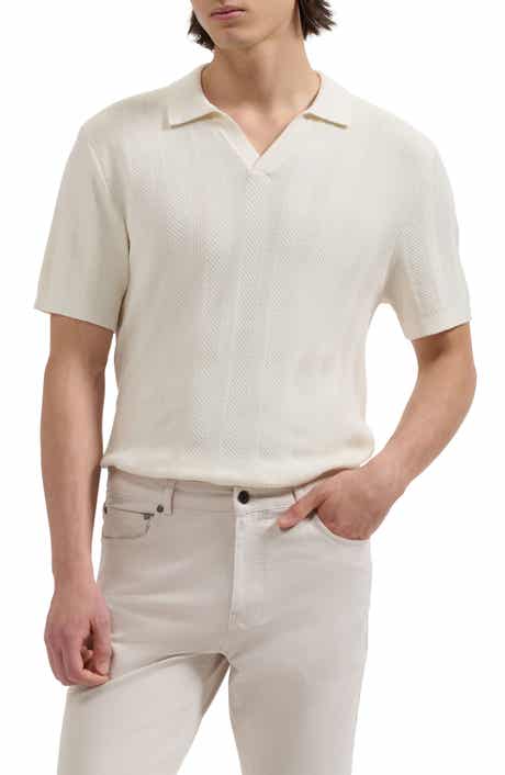 Johnny Collar Basket Stitch Cotton Blend Short Sleeve Sweater