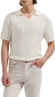 Bugatchi Johnny Collar Basket Stitch Cotton Blend Short Sleeve Sweater