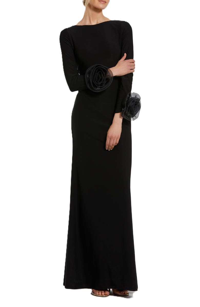 Mac Duggal Long Sleeve Fitted Jersey Gown With 3D Flowers, Main, color, Black