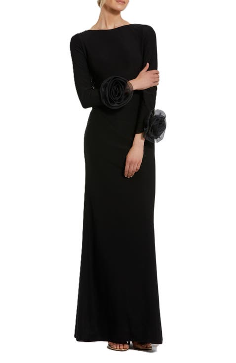 Long Sleeve Fitted Jersey Gown With 3D Flowers