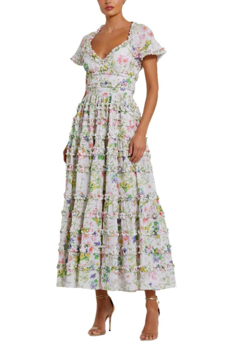 Cap Sleeve V Neck Open Back Floral Cotton Dress, Main, color, White Multi